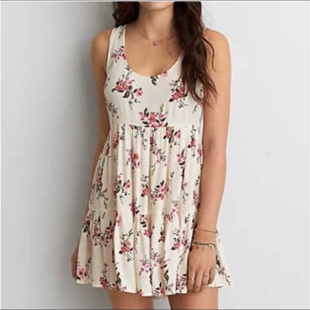 AEO Floral White Tiered Babydoll Dress